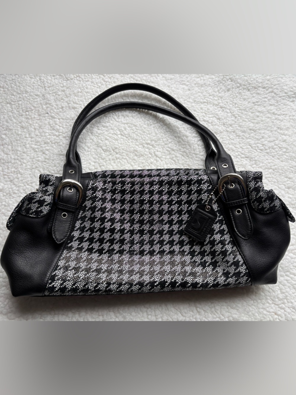 Soprano Genuine Leather East Wear Black White Houndstooth Baguette Shoulder Bag